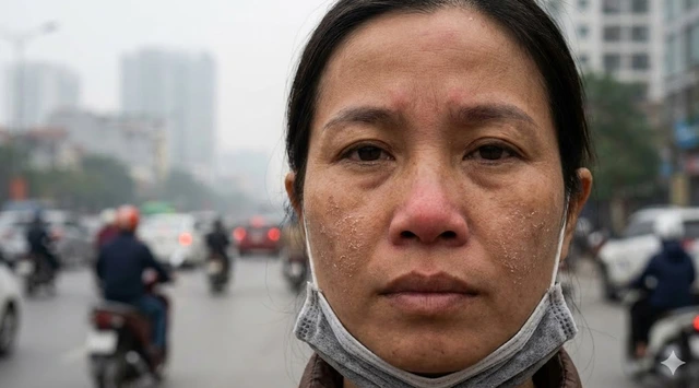 Biểu hiện làn da khô, sạm và mẩn đỏ sau nhiều ngày tiếp xúc với môi trường ô nhiễm. Hình minh họa