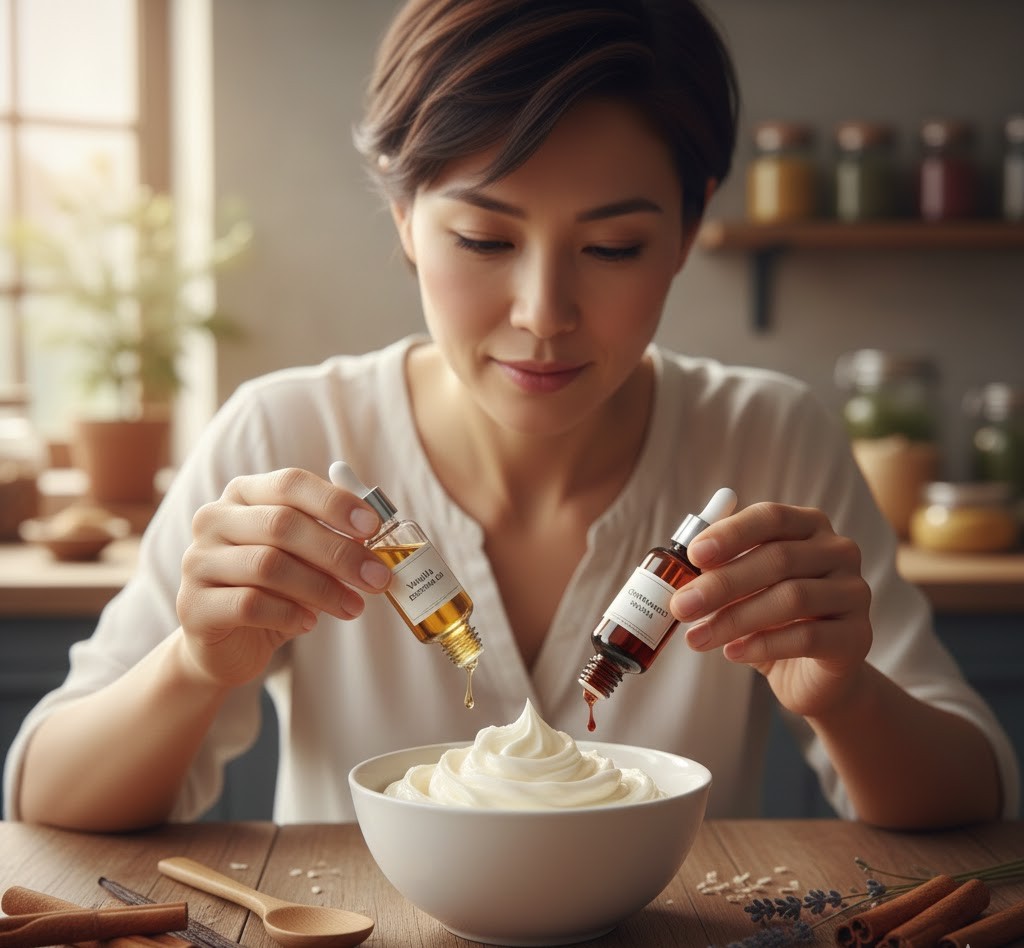 Thêm tinh dầu vào kem dưỡng da tự làm để tạo ra mùi hương đặc trưng yêu thích của bạn...