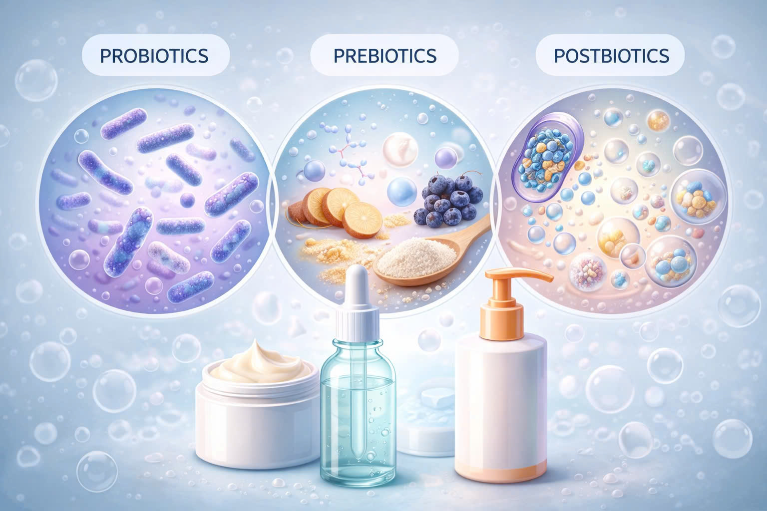 Hình ảnh mô phỏng Probiotics, Prebiotics và Postbiotics trong mỹ phẩm