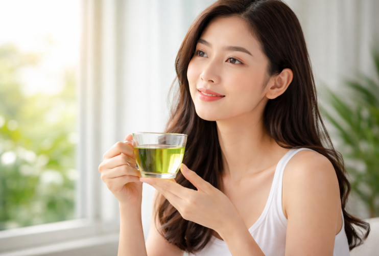 Uống trà xanh – thói quen đơn giản giúp bổ sung chất chống oxy hóa và hỗ trợ chăm sóc làn da từ bên trong.