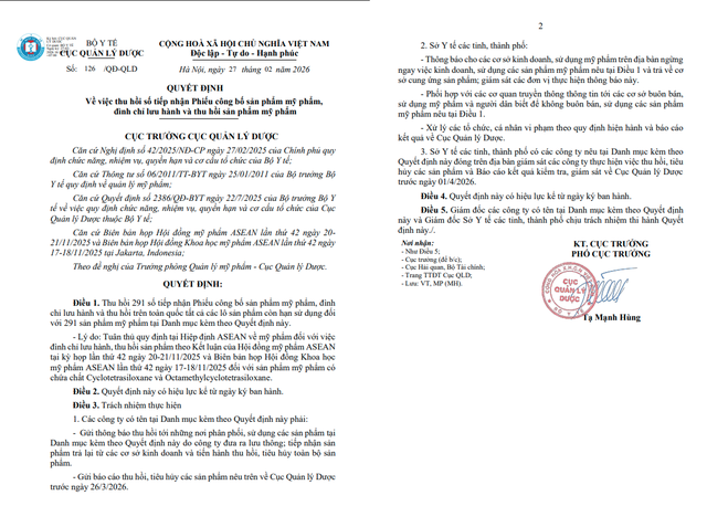 Quyết định thu hồi 291 mỹ phẩm có chứa Cyclotetrasiloxane và Octamethylcyclotetrasiloxane