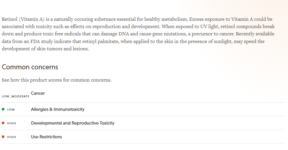Tra cứu thành phần mỹ phẩm Retinol trên EWG