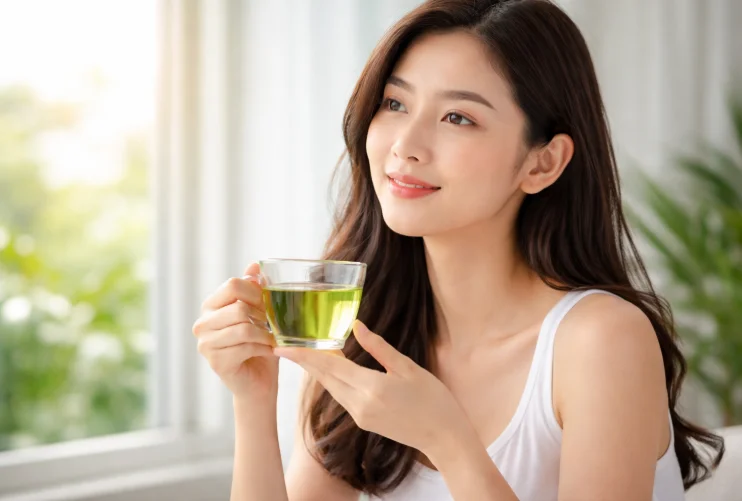 Uống trà xanh – thói quen đơn giản giúp bổ sung chất chống oxy hóa và hỗ trợ chăm sóc làn da từ bên trong.